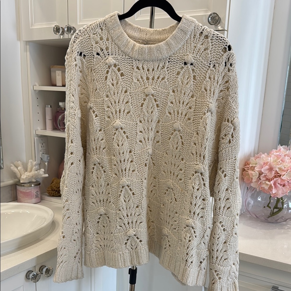 American Eagle Outfitters Cream Crew Neck Sweater with Open-Work Knit Pattern
